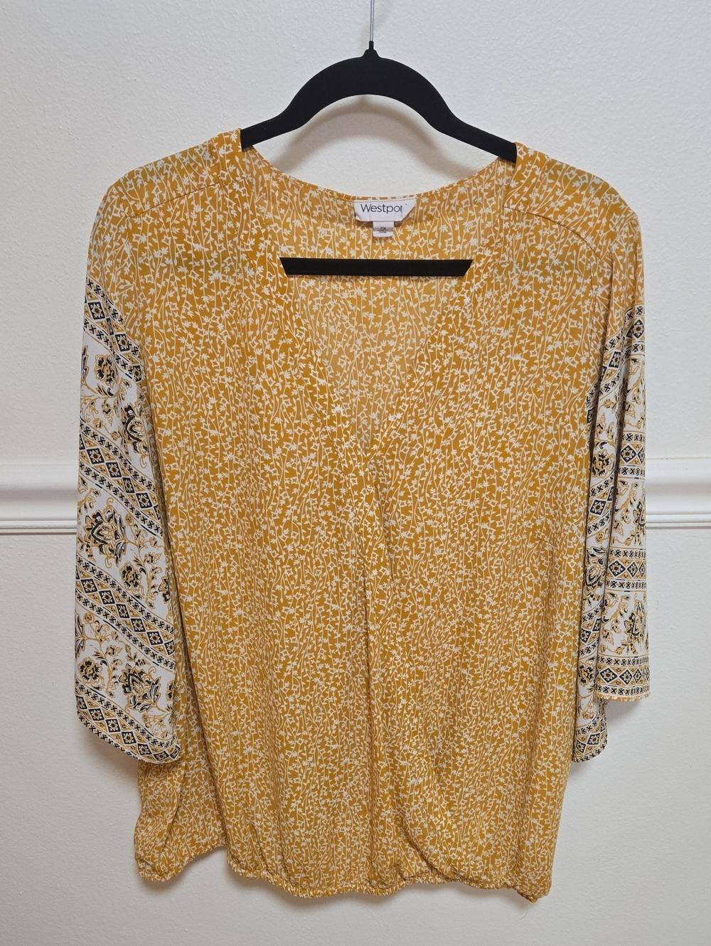 Westport Mustard Yellow Floral Print Blouse with Cream Accents